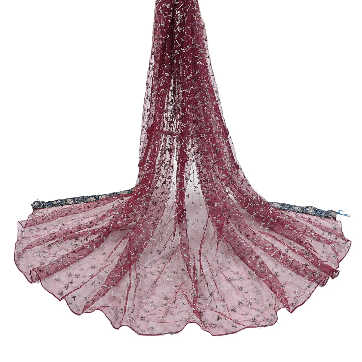 Indian Vintage Heavy Bridal Dupatta maroon Net Mesh Long Stole Hand Embroidered Scarves Golden Zari Wedding/Party Wear