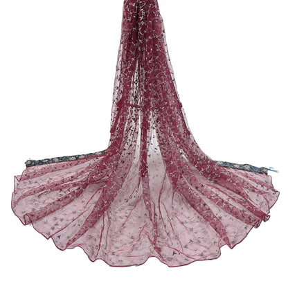 Indian Vintage Heavy Bridal Dupatta maroon Net Mesh Long Stole Hand Embroidered Scarves Golden Zari Wedding/Party Wear