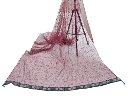 Indian Vintage Heavy Bridal Dupatta maroon Net Mesh Long Stole Hand Embroidered Scarves Golden Zari Wedding/Party Wear