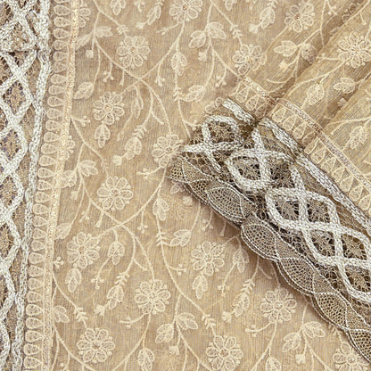 Indian Vintage Heavy Beige Dupatta Organza Long Stole Hand Embroidered Scarves Zari Floral
