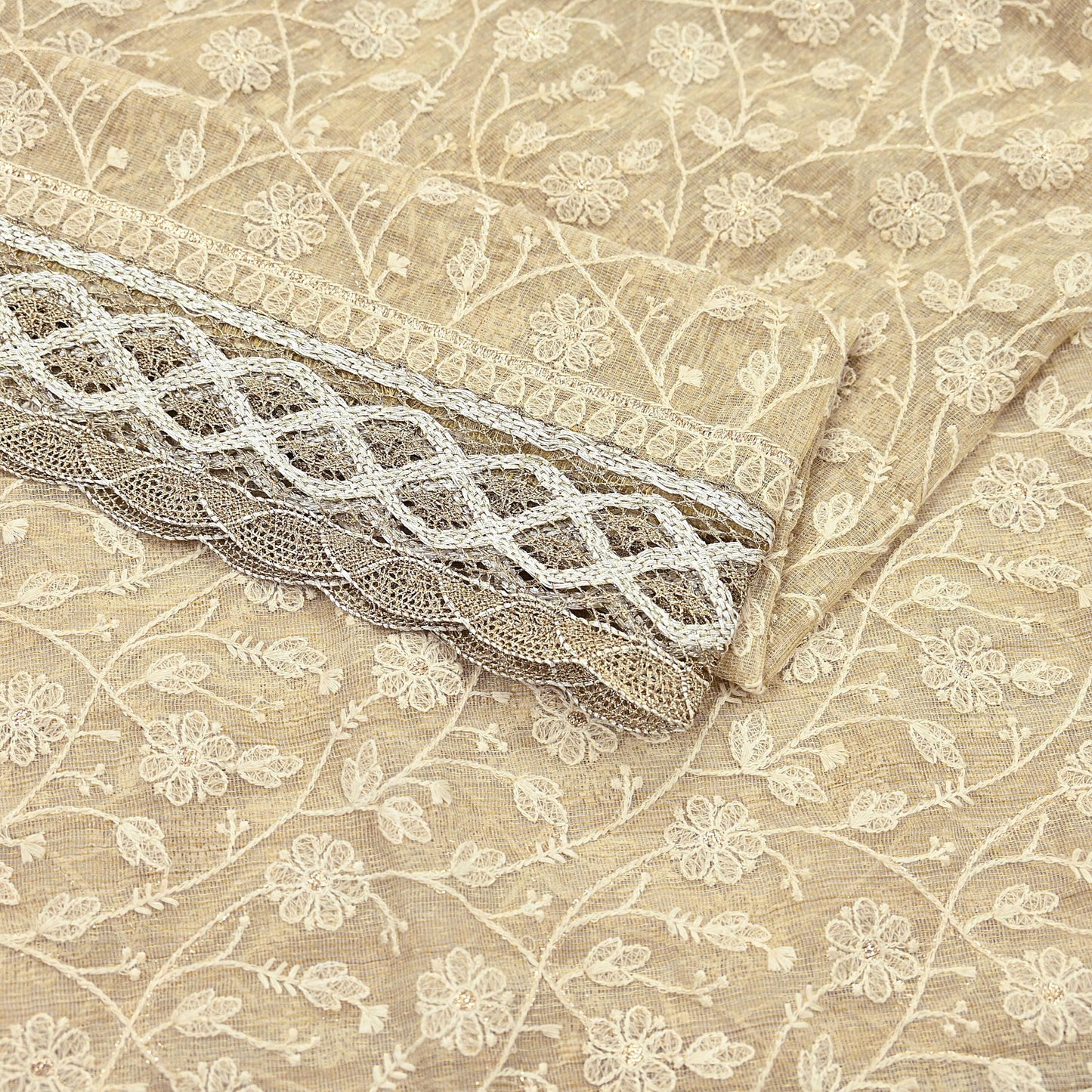 Indian Vintage Heavy Beige Dupatta Organza Long Stole Hand Embroidered Scarves Zari Floral