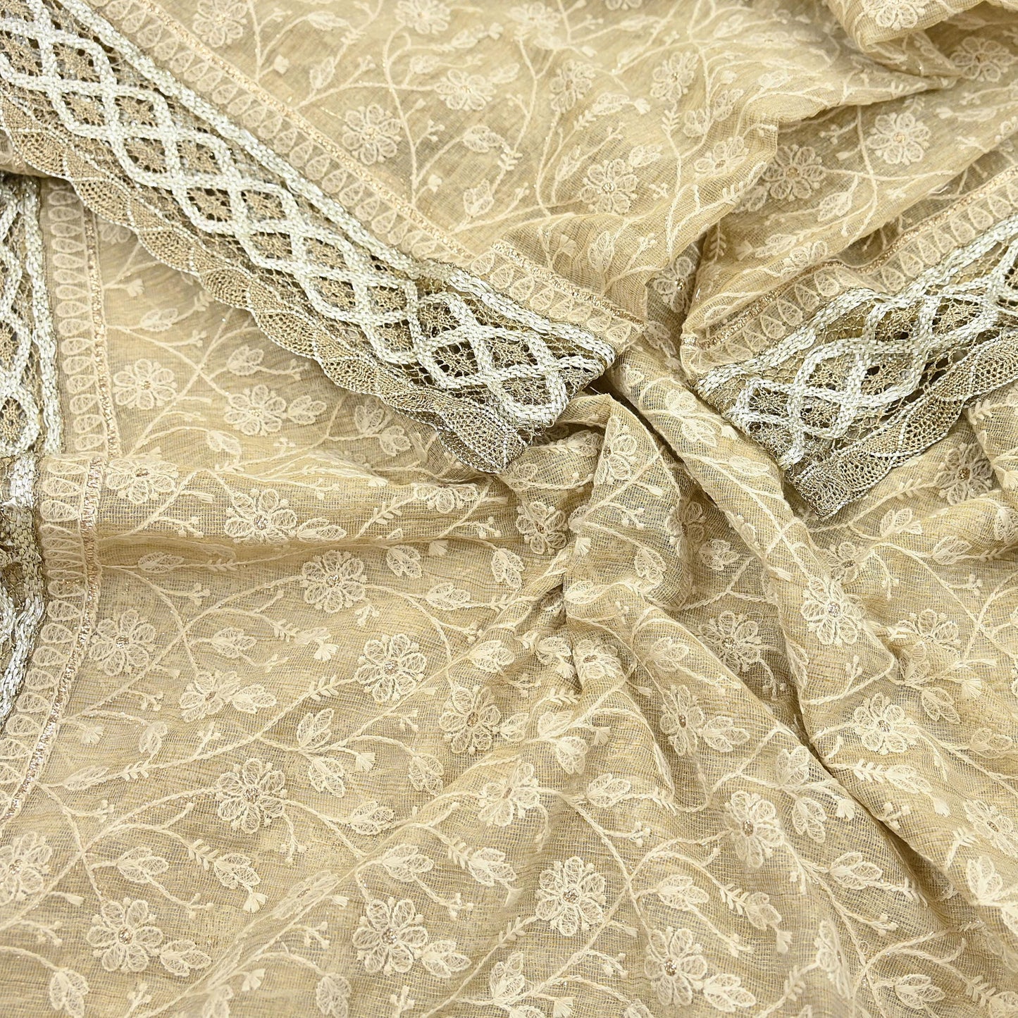 Indian Vintage Heavy Beige Dupatta Organza Long Stole Hand Embroidered Scarves Zari Floral
