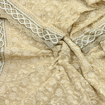Indian Vintage Heavy Beige Dupatta Organza Long Stole Hand Embroidered Scarves Zari Floral