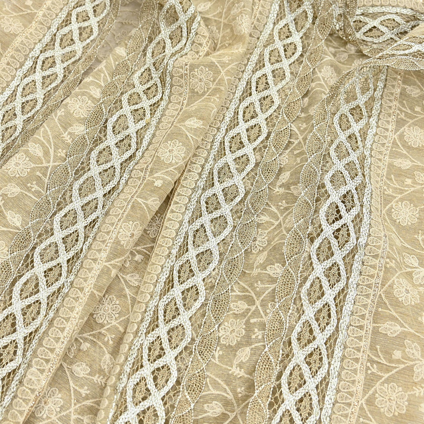 Indian Vintage Heavy Beige Dupatta Organza Long Stole Hand Embroidered Scarves Zari Floral