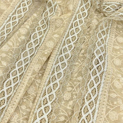 Indian Vintage Heavy Beige Dupatta Organza Long Stole Hand Embroidered Scarves Zari Floral