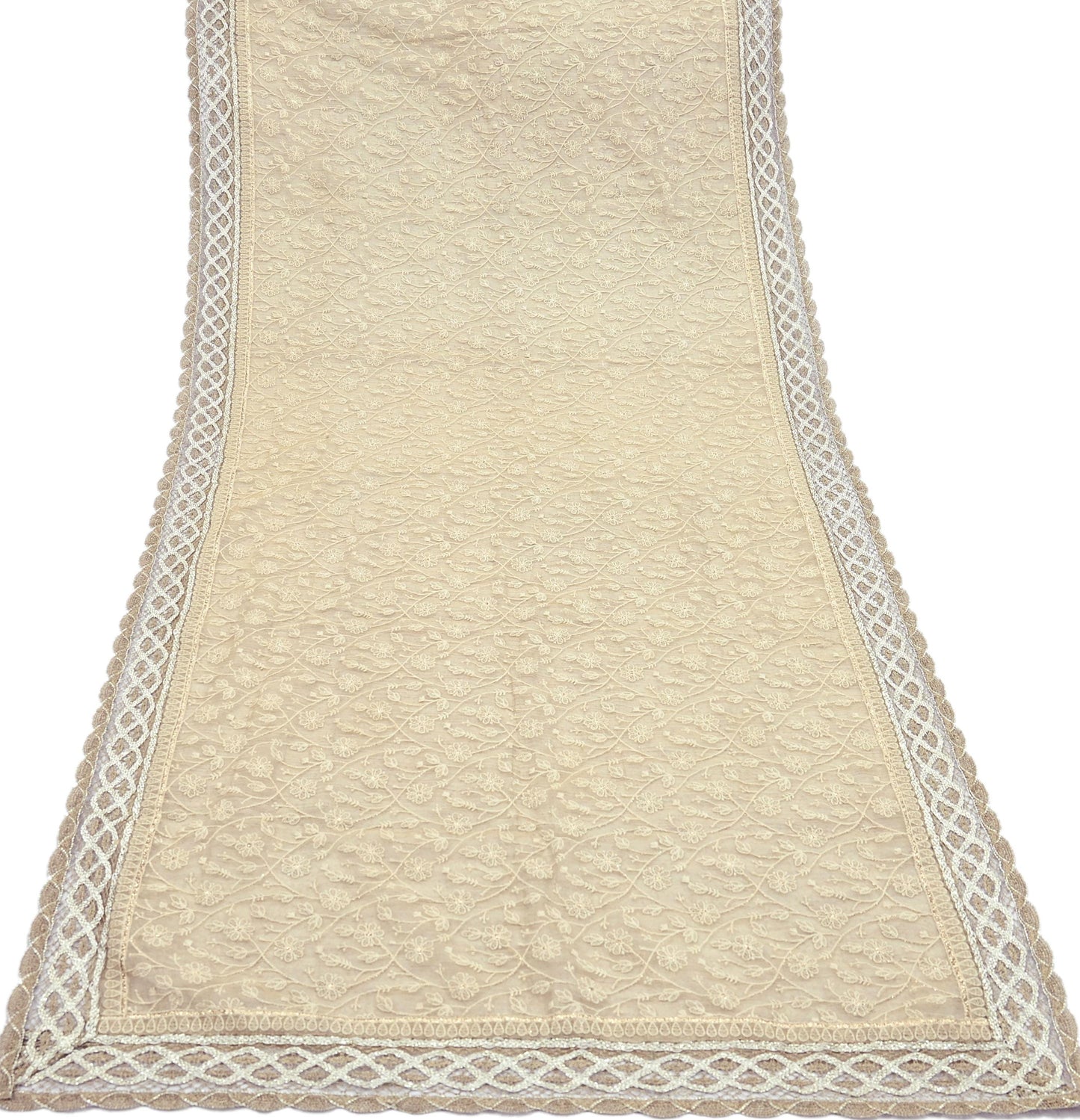 Indian Vintage Heavy Beige Dupatta Organza Long Stole Hand Embroidered Scarves Zari Floral