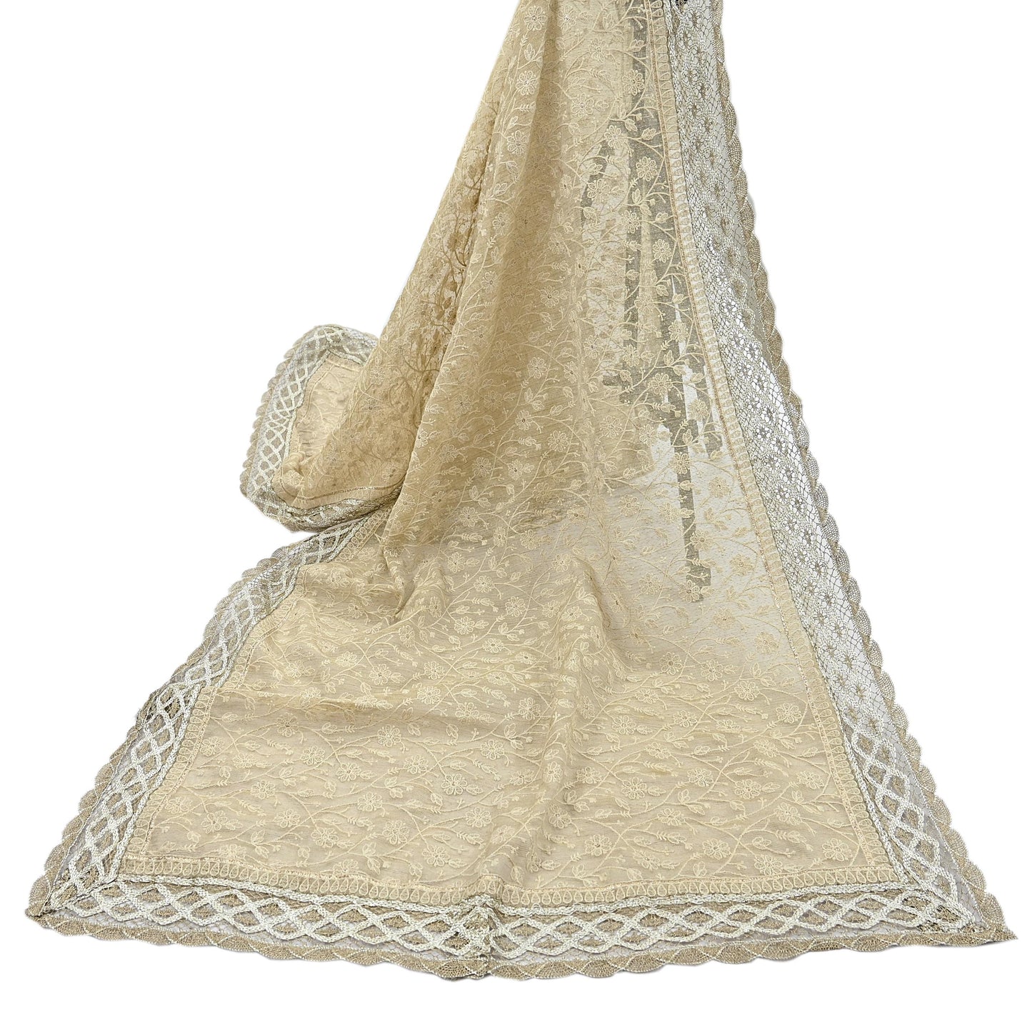 Indian Vintage Heavy Beige Dupatta Organza Long Stole Hand Embroidered Scarves Zari Floral