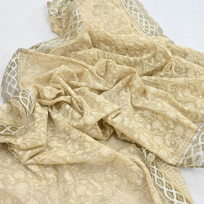 Indian Vintage Heavy Beige Dupatta Organza Long Stole Hand Embroidered Scarves Zari Floral