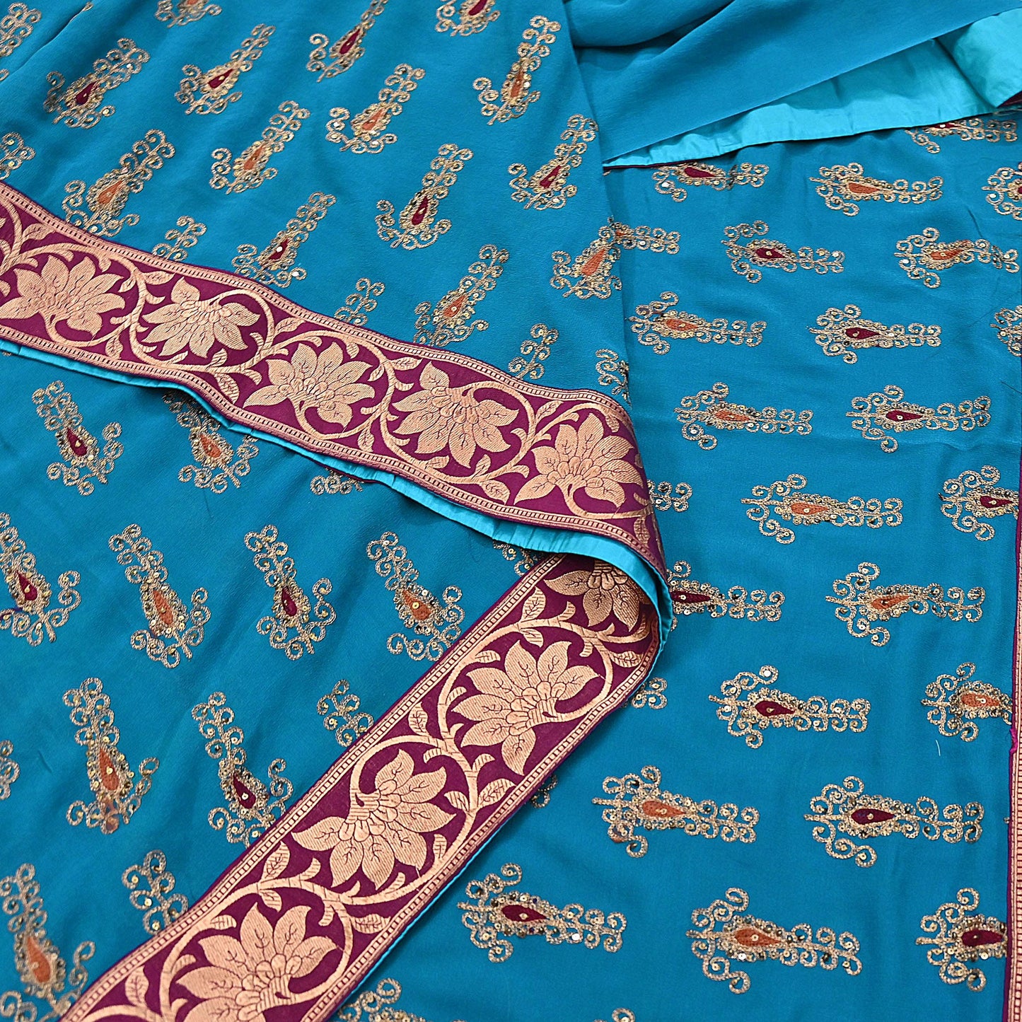 Indian Vintage Heavy Sarees Turquoise Pure Georgette Silk Hand Embroidered Sari Fabric 5Yd Sewing Ethnic zari with blouse fabric