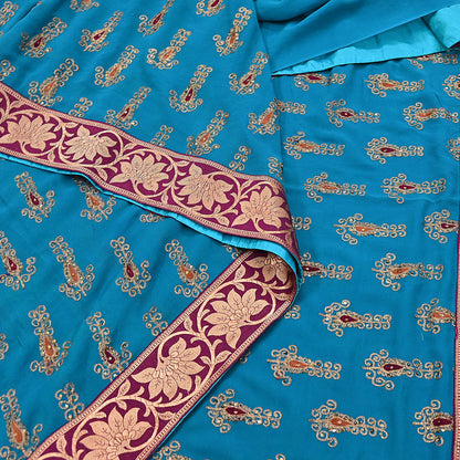 Indian Vintage Heavy Sarees Turquoise Pure Georgette Silk Hand Embroidered Sari Fabric 5Yd Sewing Ethnic zari with blouse fabric