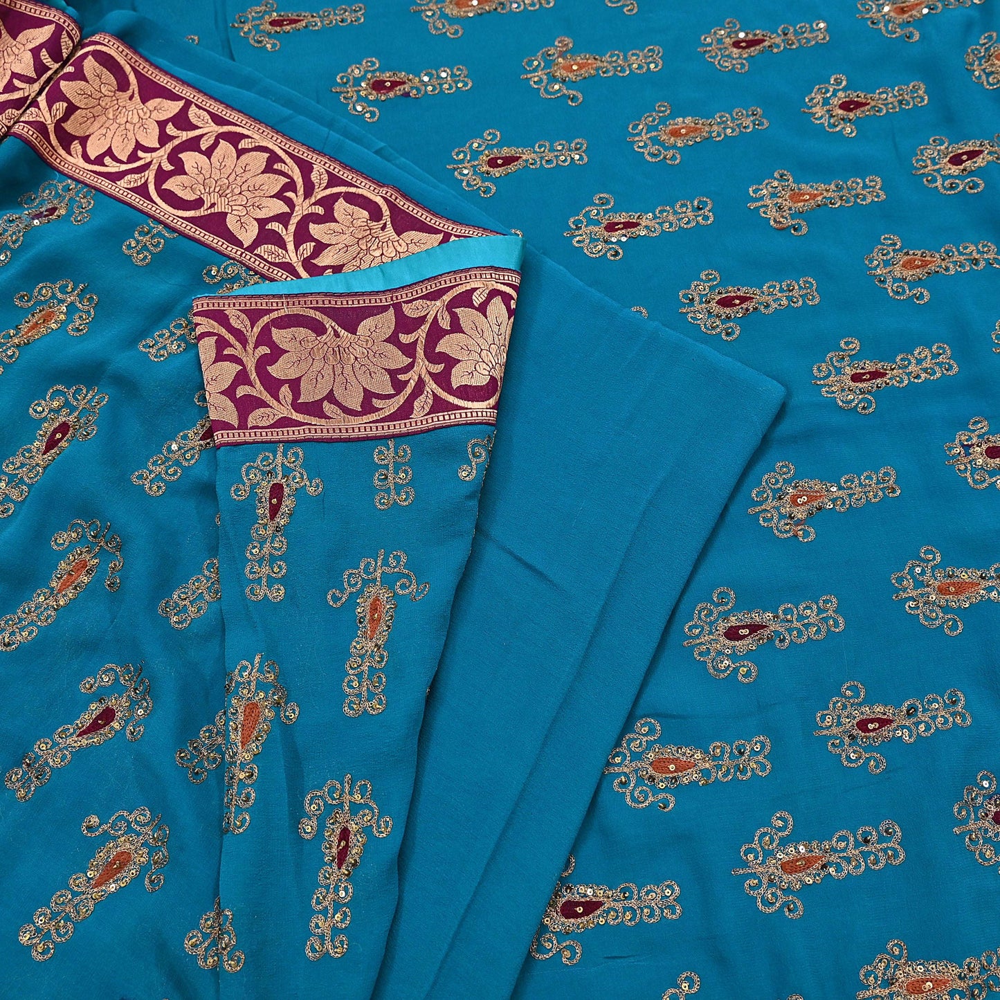 Indian Vintage Heavy Sarees Turquoise Pure Georgette Silk Hand Embroidered Sari Fabric 5Yd Sewing Ethnic zari with blouse fabric