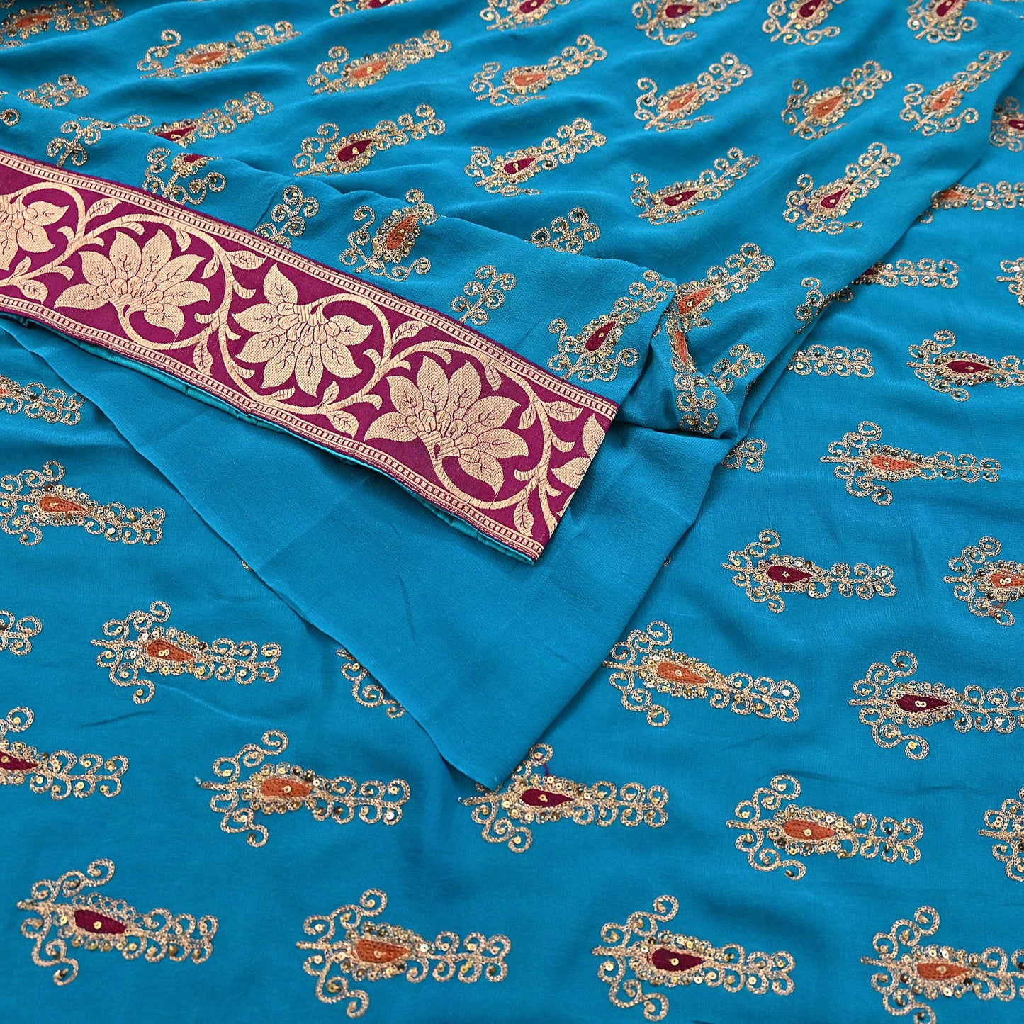 Indian Vintage Heavy Sarees Turquoise Pure Georgette Silk Hand Embroidered Sari Fabric 5Yd Sewing Ethnic zari with blouse fabric