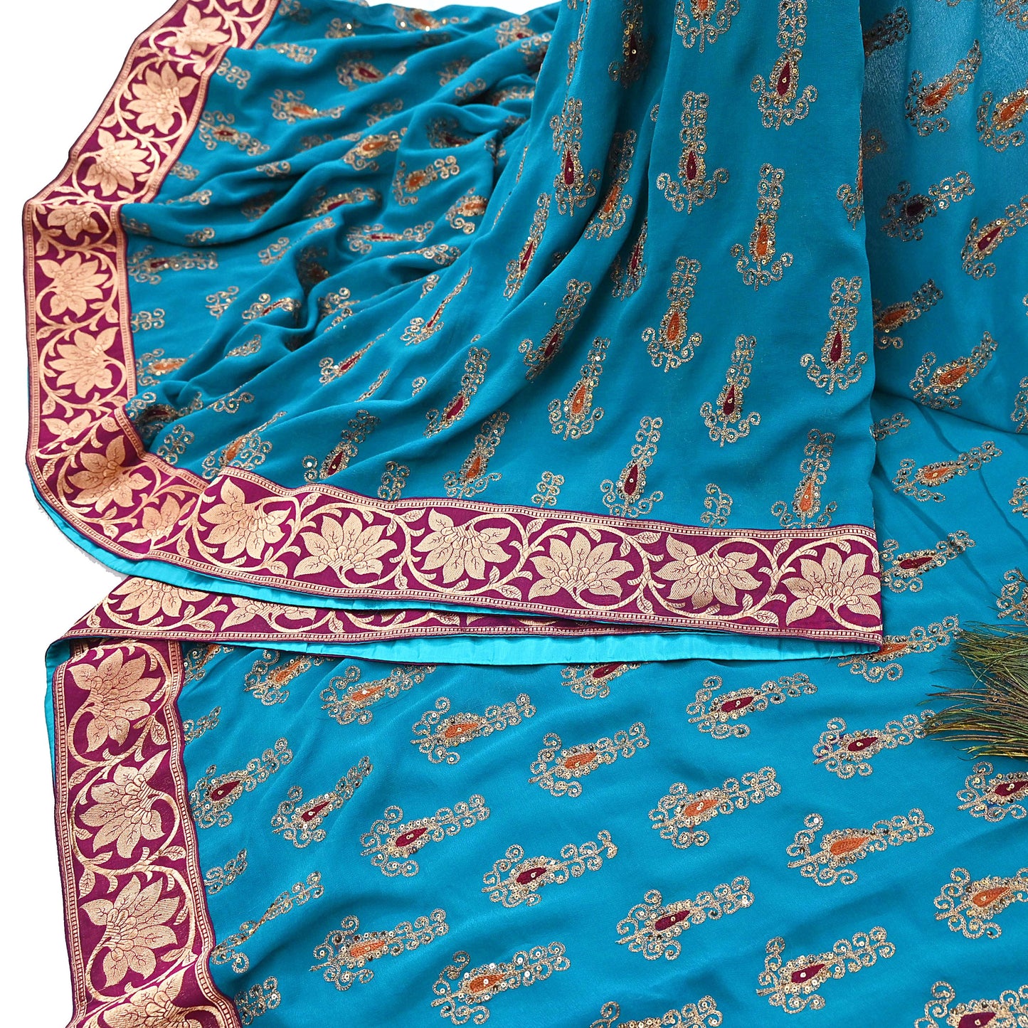 Indian Vintage Heavy Sarees Turquoise Pure Georgette Silk Hand Embroidered Sari Fabric 5Yd Sewing Ethnic zari with blouse fabric