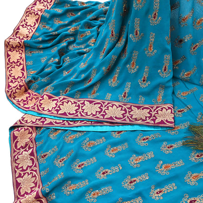 Indian Vintage Heavy Sarees Turquoise Pure Georgette Silk Hand Embroidered Sari Fabric 5Yd Sewing Ethnic zari with blouse fabric