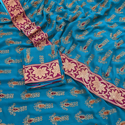 Indian Vintage Heavy Sarees Turquoise Pure Georgette Silk Hand Embroidered Sari Fabric 5Yd Sewing Ethnic zari with blouse fabric