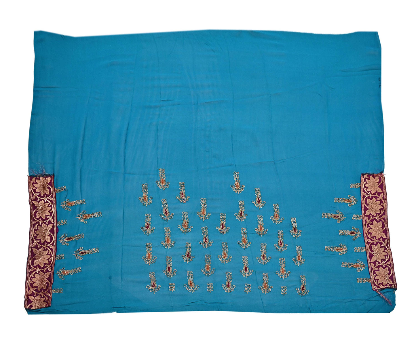Indian Vintage Heavy Sarees Turquoise Pure Georgette Silk Hand Embroidered Sari Fabric 5Yd Sewing Ethnic zari with blouse fabric