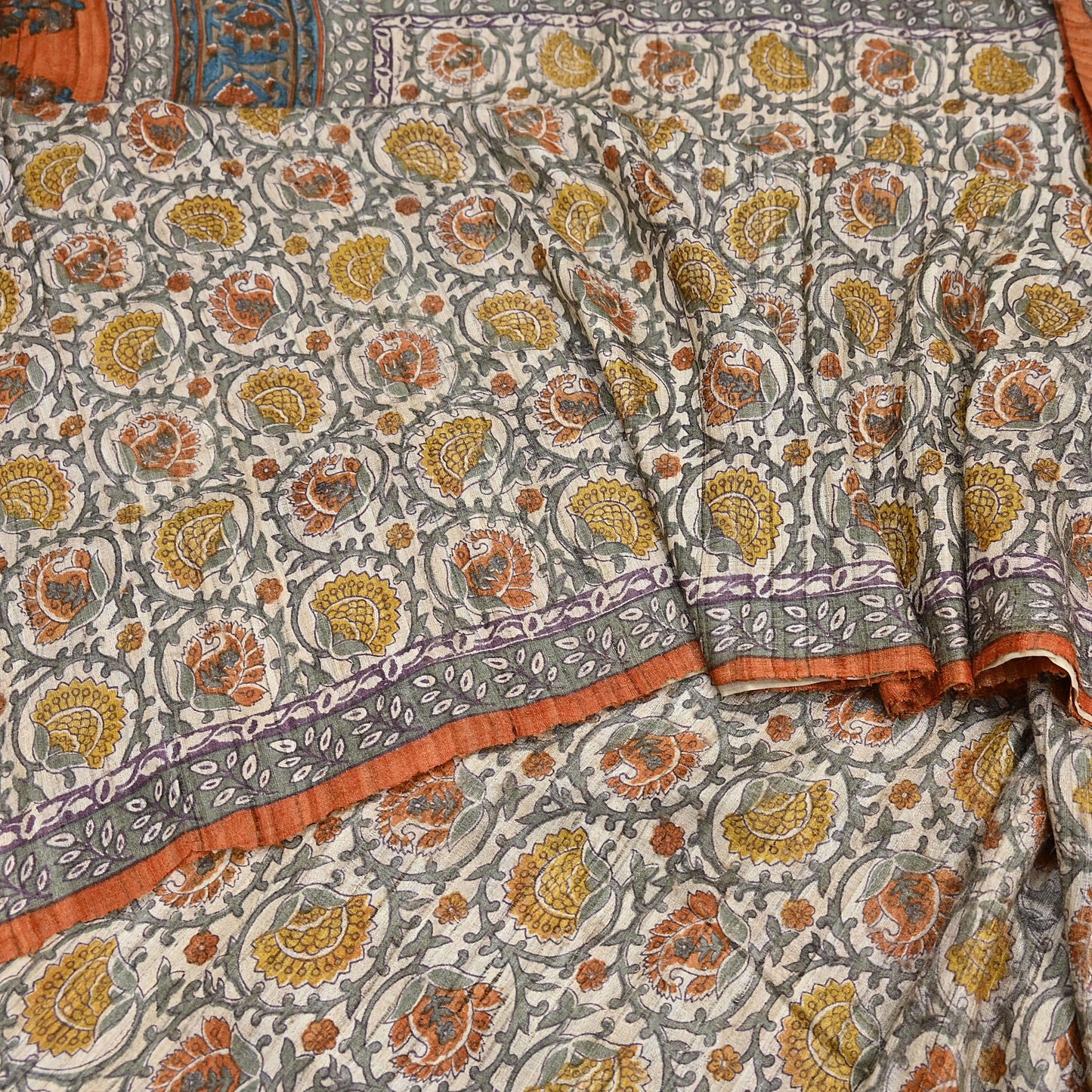 Indian Vintage Saffron & Beige Saree Pure Khadi Silk Handloom Warli Printed Sari Craft Fabric 5yd Ethnic Wear Sari Humans Dress making