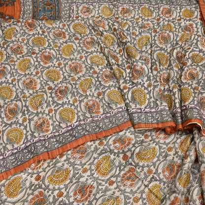 Indian Vintage Saffron & Beige Saree Pure Khadi Silk Handloom Warli Printed Sari Craft Fabric 5yd Ethnic Wear Sari Humans Dress making