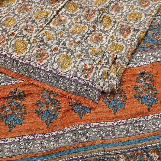 Indian Vintage Saffron & Beige Saree Pure Khadi Silk Handloom Warli Printed Sari Craft Fabric 5yd Ethnic Wear Sari Humans Dress making