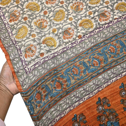 Indian Vintage Saffron & Beige Saree Pure Khadi Silk Handloom Warli Printed Sari Craft Fabric 5yd Ethnic Wear Sari Humans Dress making