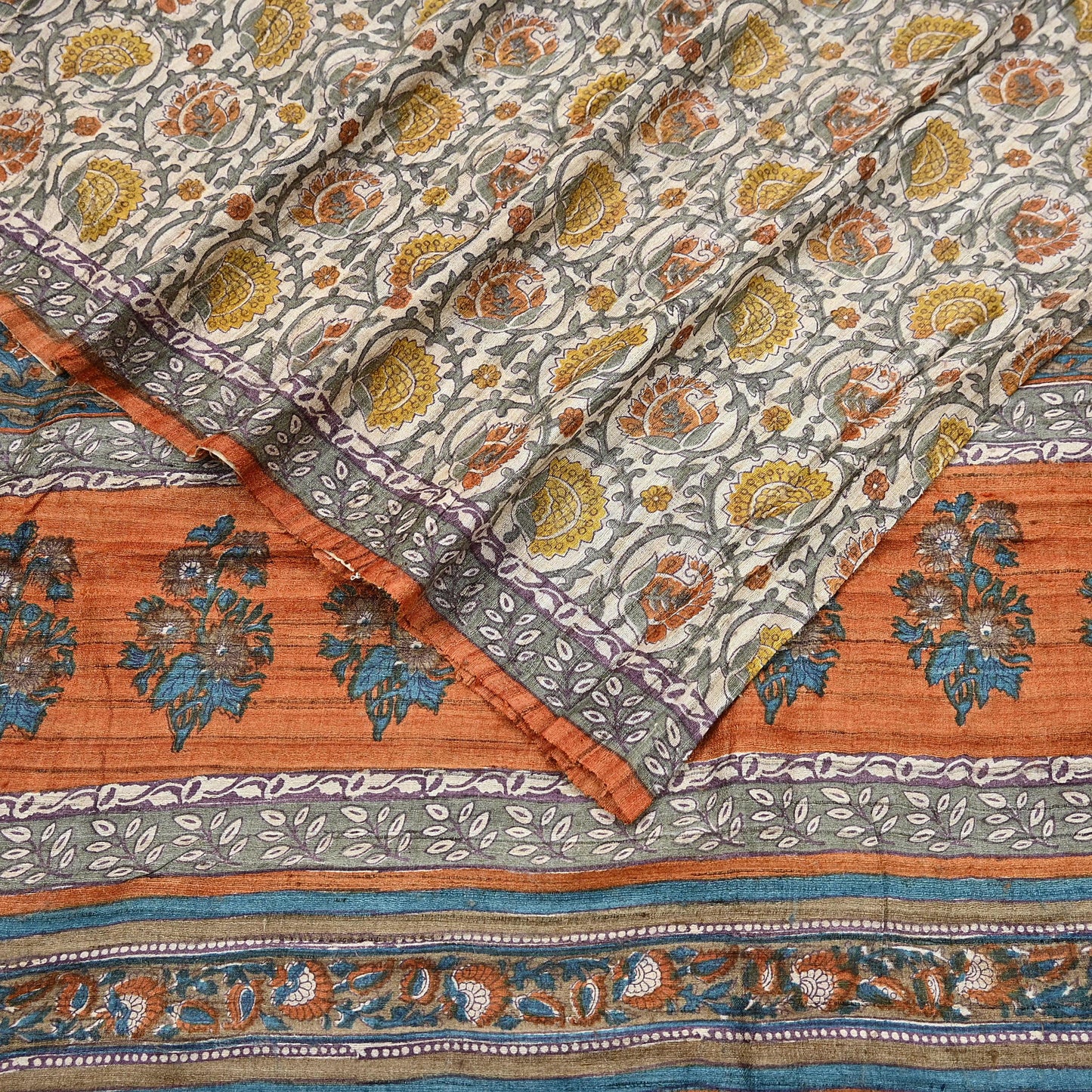 Indian Vintage Saffron & Beige Saree Pure Khadi Silk Handloom Warli Printed Sari Craft Fabric 5yd Ethnic Wear Sari Humans Dress making