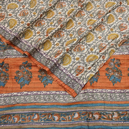 Indian Vintage Saffron & Beige Saree Pure Khadi Silk Handloom Warli Printed Sari Craft Fabric 5yd Ethnic Wear Sari Humans Dress making