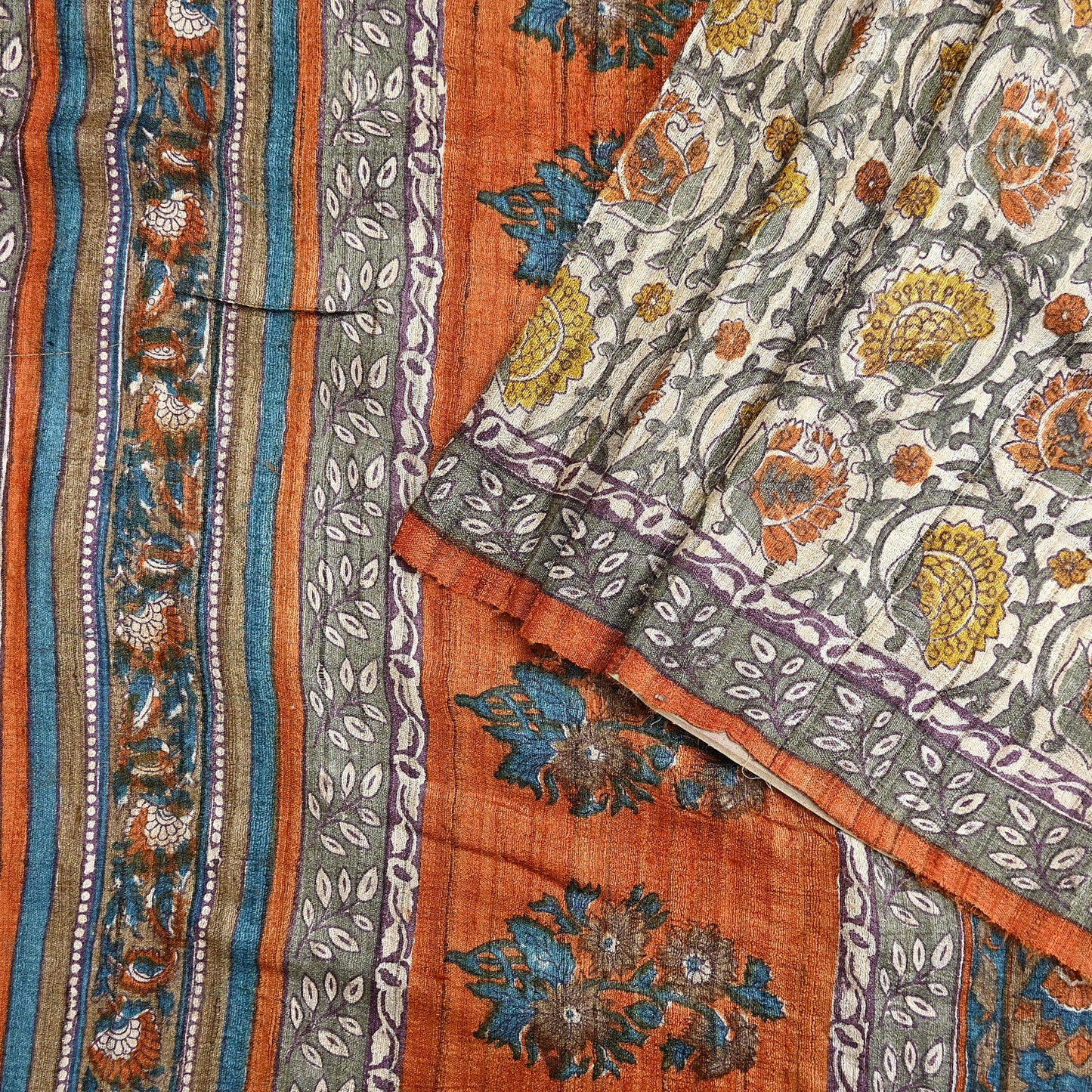 Indian Vintage Saffron & Beige Saree Pure Khadi Silk Handloom Warli Printed Sari Craft Fabric 5yd Ethnic Wear Sari Humans Dress making