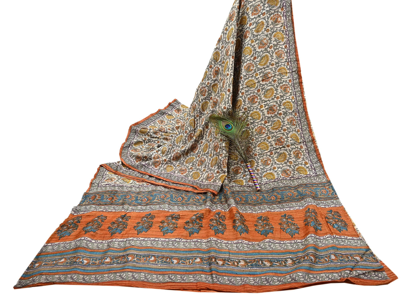 Indian Vintage Saffron & Beige Saree Pure Khadi Silk Handloom Warli Printed Sari Craft Fabric 5yd Ethnic Wear Sari Humans Dress making