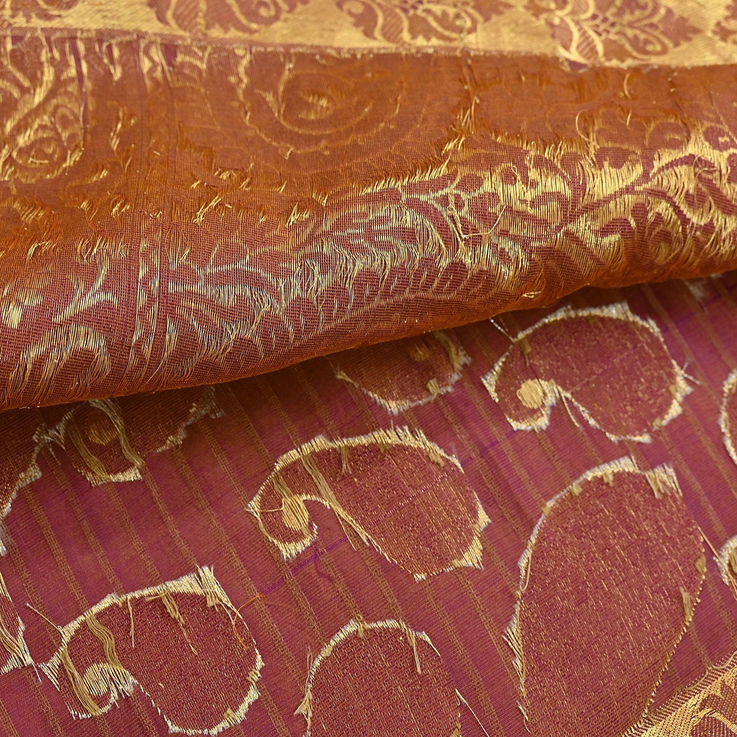 Vintage Kanjivaram Silk Saree Purple & Saffron  Floral Zari, Indian Sari Fabric 5yard Dressmaking crafting