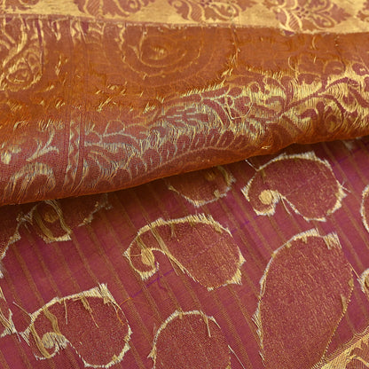 Vintage Kanjivaram Silk Saree Purple & Saffron  Floral Zari, Indian Sari Fabric 5yard Dressmaking crafting