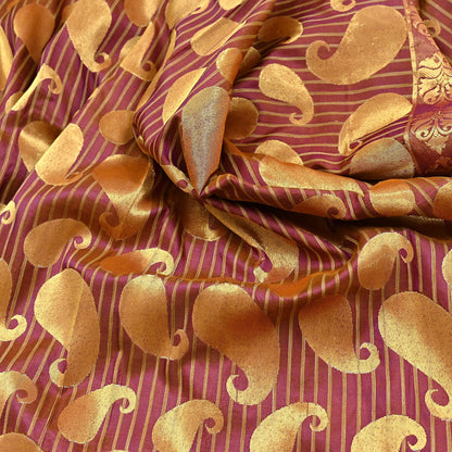 Vintage Kanjivaram Silk Saree Purple & Saffron  Floral Zari, Indian Sari Fabric 5yard Dressmaking crafting