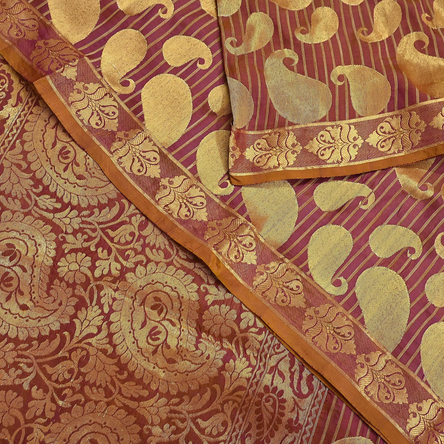 Vintage Kanjivaram Silk Saree Purple & Saffron  Floral Zari, Indian Sari Fabric 5yard Dressmaking crafting
