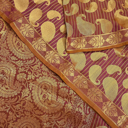 Vintage Kanjivaram Silk Saree Purple & Saffron  Floral Zari, Indian Sari Fabric 5yard Dressmaking crafting