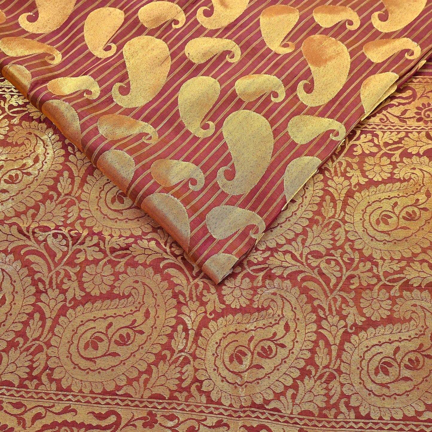 Vintage Kanjivaram Silk Saree Purple & Saffron  Floral Zari, Indian Sari Fabric 5yard Dressmaking crafting