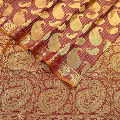 Vintage Kanjivaram Silk Saree Purple & Saffron  Floral Zari, Indian Sari Fabric 5yard Dressmaking crafting