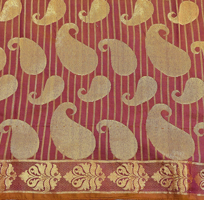 Vintage Kanjivaram Silk Saree Purple & Saffron  Floral Zari, Indian Sari Fabric 5yard Dressmaking crafting