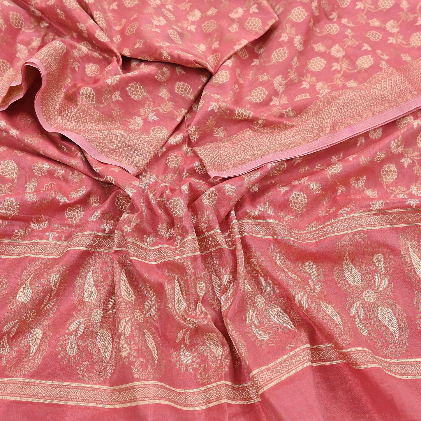 Indian Vintage Peach Dupatta Long Stole Artificial Silk Woven Brocade Scarves Veil Scarf Wrap Hippie Boho Soft Floral Fringes