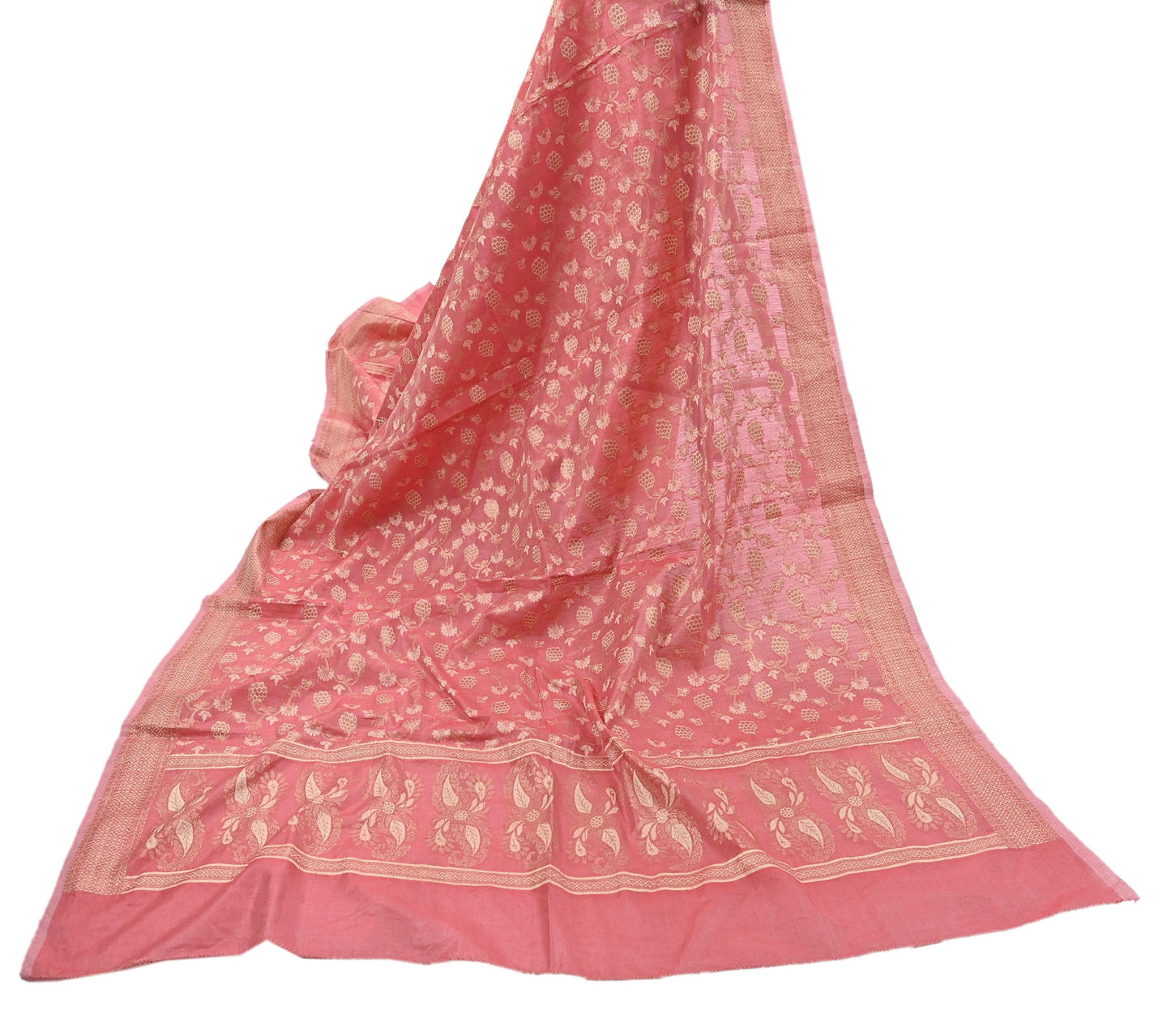 Indian Vintage Peach Dupatta Long Stole Artificial Silk Woven Brocade Scarves Veil Scarf Wrap Hippie Boho Soft Floral Fringes