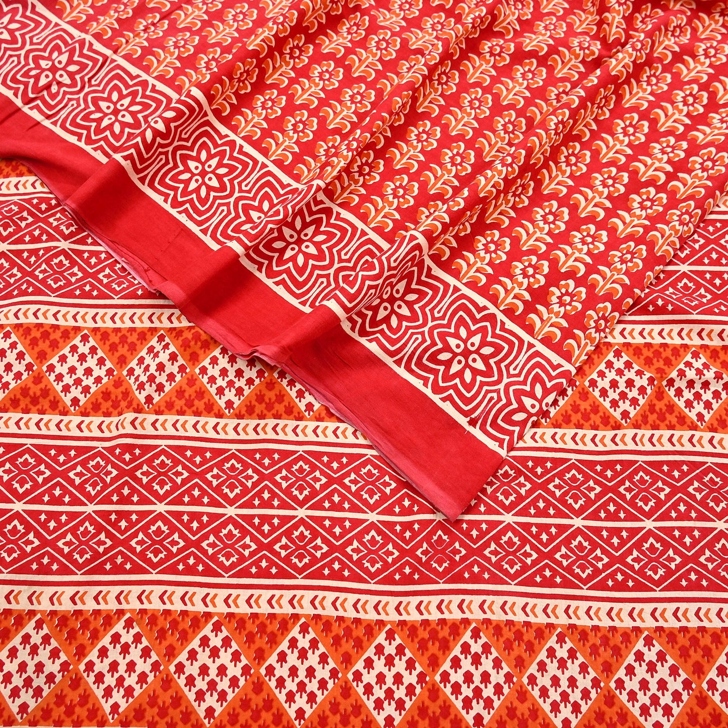 Indian Vintage Red Sarees Pure Cotton Block Printed Sari 5yd Sewing Craft Fabric DressMaking Soft Crafting Quilting Upcycle