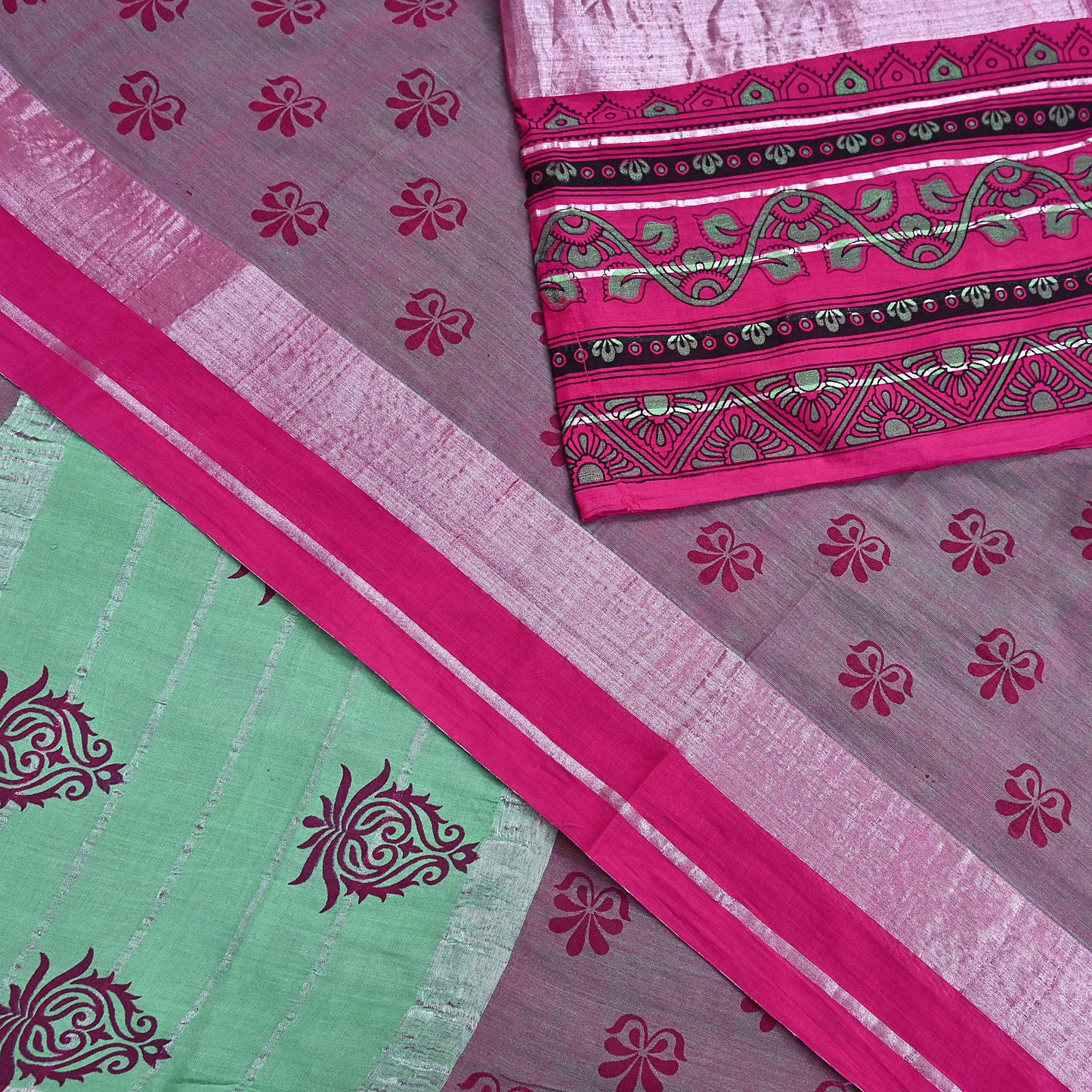 Indian Vintage Green & Pink Saree Pure Cotton Printed Woven Sari Craft Soft Fabric 5Yd Sewing Sarong Wrap Boho Abstract Design
