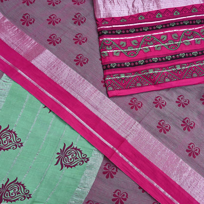 Indian Vintage Green & Pink Saree Pure Cotton Printed Woven Sari Craft Soft Fabric 5Yd Sewing Sarong Wrap Boho Abstract Design