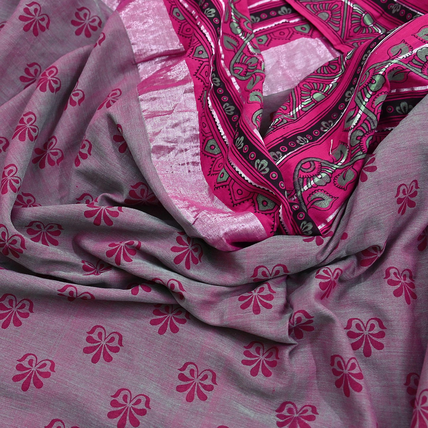 Indian Vintage Green & Pink Saree Pure Cotton Printed Woven Sari Craft Soft Fabric 5Yd Sewing Sarong Wrap Boho Abstract Design