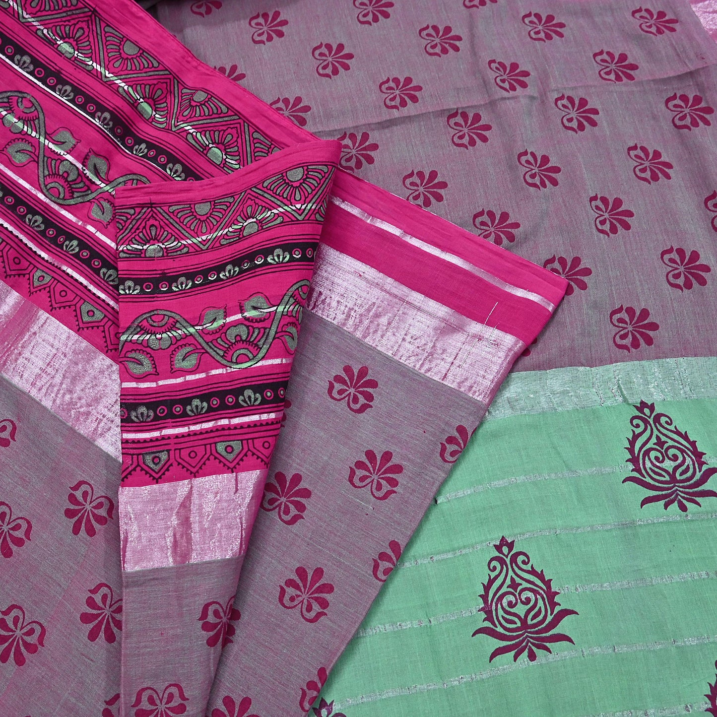 Indian Vintage Green & Pink Saree Pure Cotton Printed Woven Sari Craft Soft Fabric 5Yd Sewing Sarong Wrap Boho Abstract Design