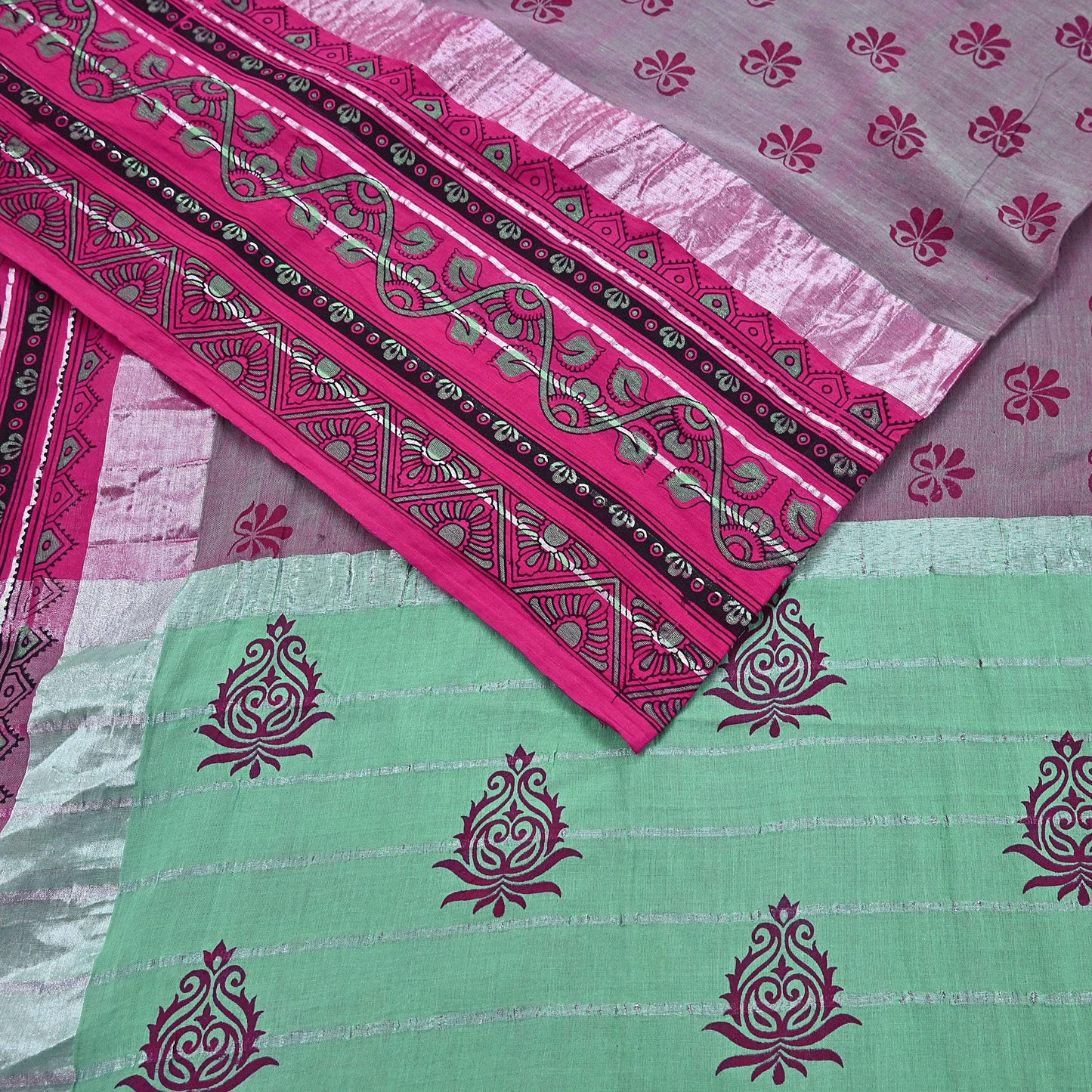 Indian Vintage Green & Pink Saree Pure Cotton Printed Woven Sari Craft Soft Fabric 5Yd Sewing Sarong Wrap Boho Abstract Design