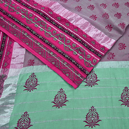 Indian Vintage Green & Pink Saree Pure Cotton Printed Woven Sari Craft Soft Fabric 5Yd Sewing Sarong Wrap Boho Abstract Design