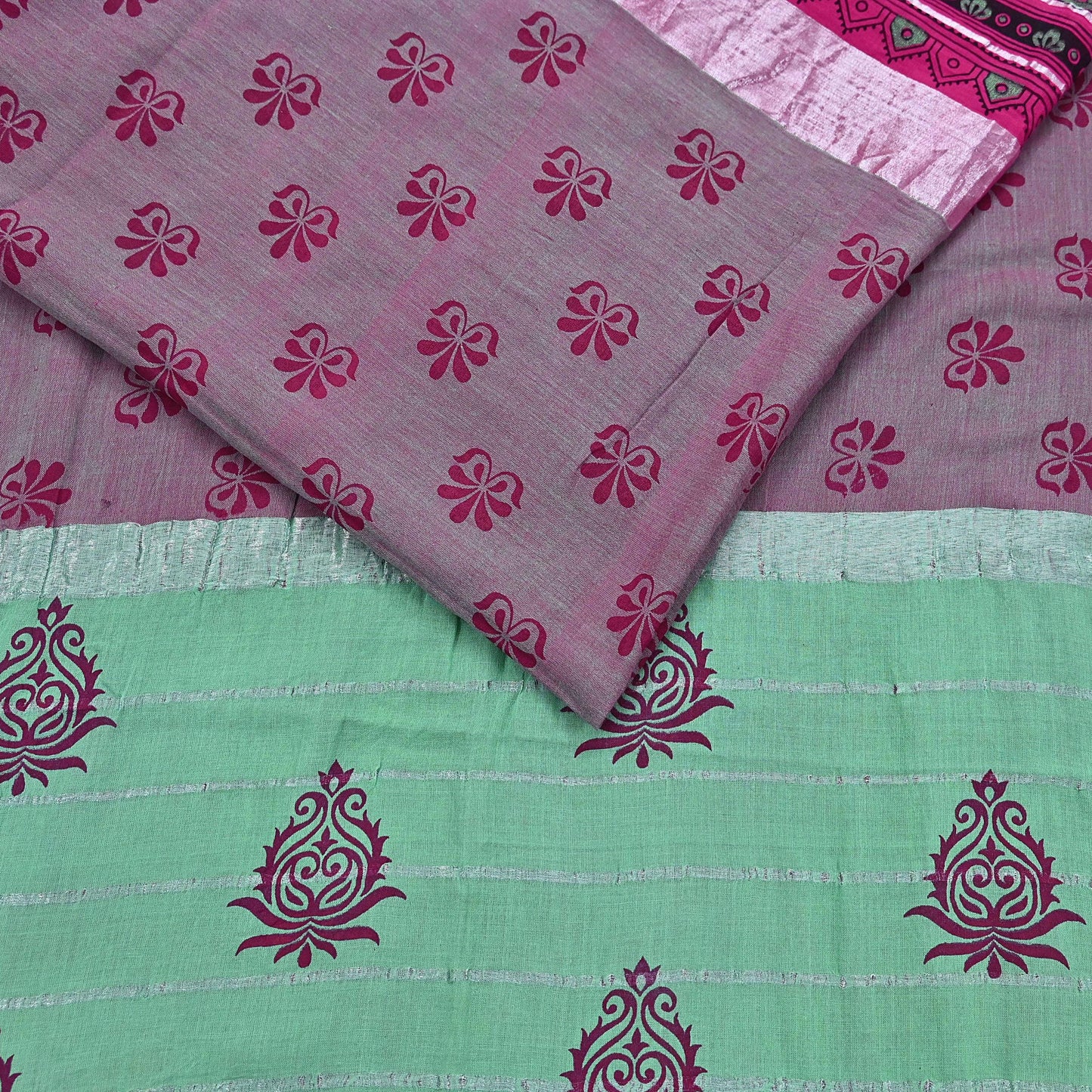Indian Vintage Green & Pink Saree Pure Cotton Printed Woven Sari Craft Soft Fabric 5Yd Sewing Sarong Wrap Boho Abstract Design