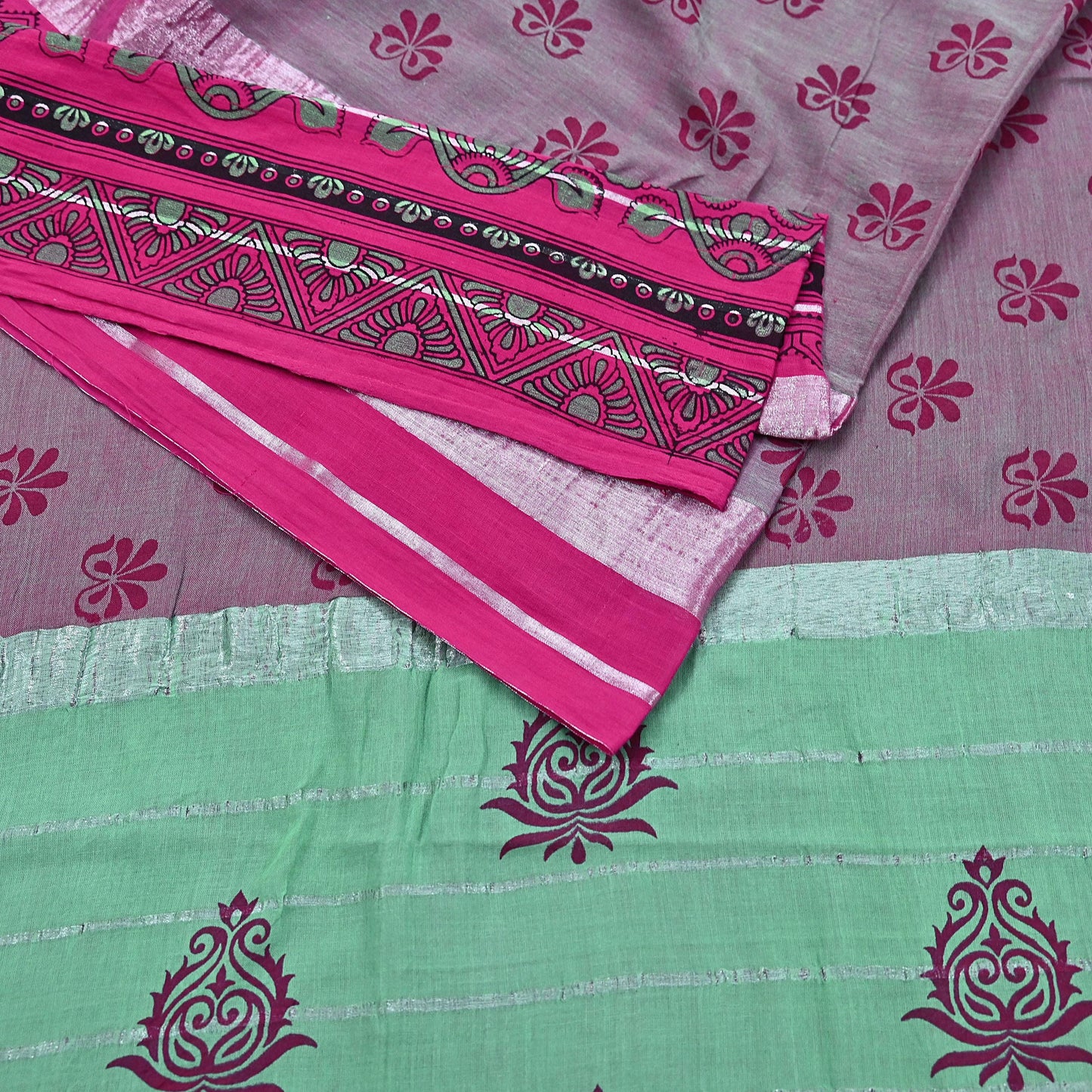Indian Vintage Green & Pink Saree Pure Cotton Printed Woven Sari Craft Soft Fabric 5Yd Sewing Sarong Wrap Boho Abstract Design