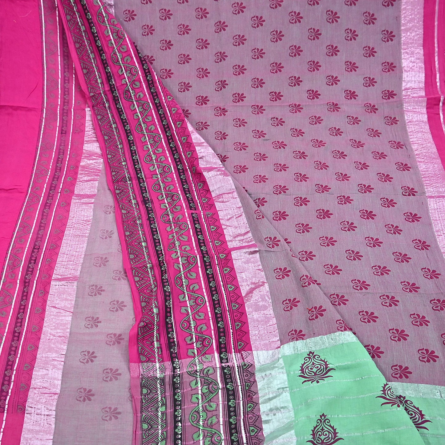 Indian Vintage Green & Pink Saree Pure Cotton Printed Woven Sari Craft Soft Fabric 5Yd Sewing Sarong Wrap Boho Abstract Design