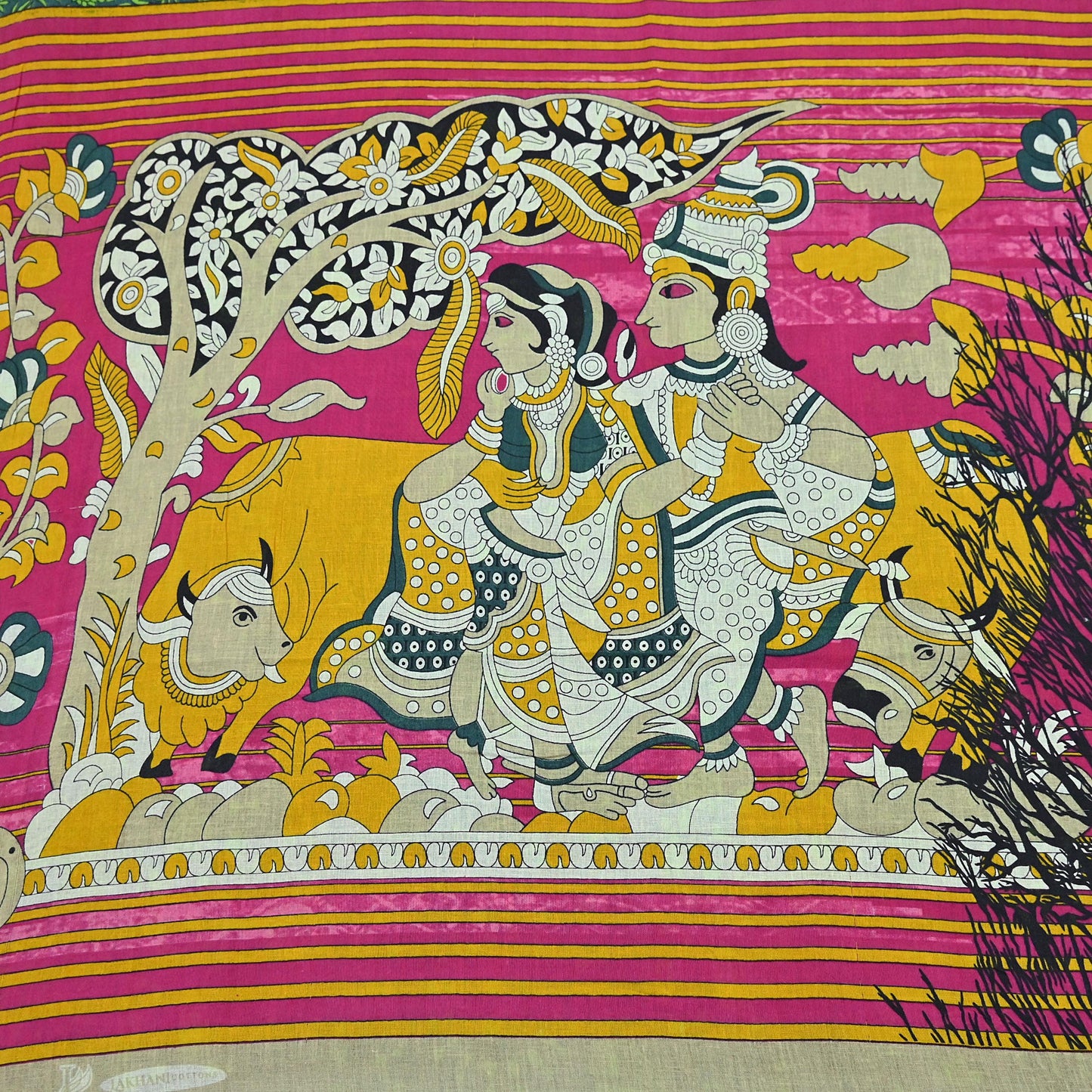 Indian Vintage Green Sari Kalamkari Printed Pure Cotton Saree Fabric Soft Floral 5Yd Sarong Wrap Fabric Fish