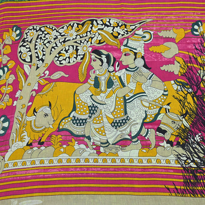 Indian Vintage Green Sari Kalamkari Printed Pure Cotton Saree Fabric Soft Floral 5Yd Sarong Wrap Fabric Fish